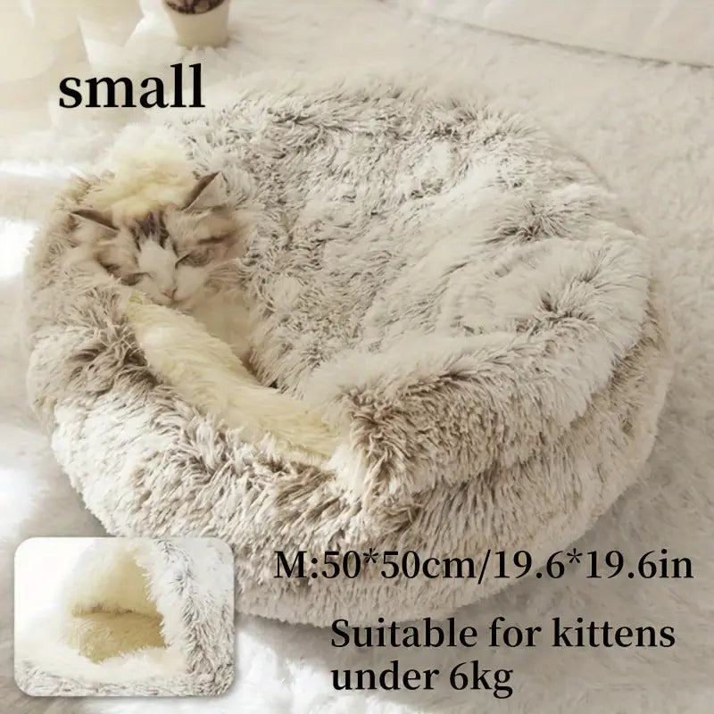 Winter Plush Round Hooded Pet Bed – Cozy Donut Bed for Cats & Dogs (S & M)