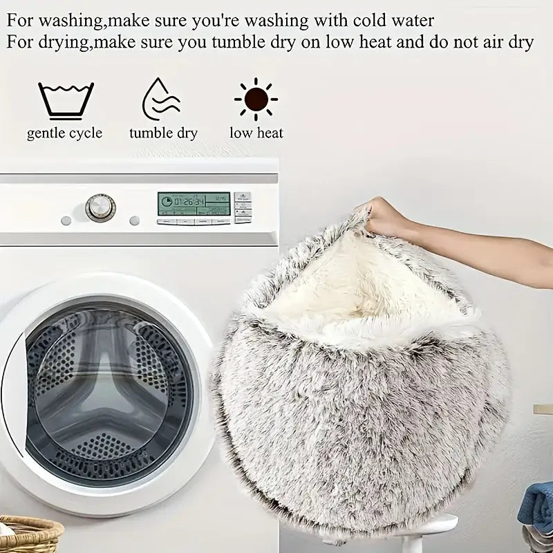 Winter Plush Round Hooded Pet Bed – Cozy Donut Bed for Cats & Dogs (S & M)