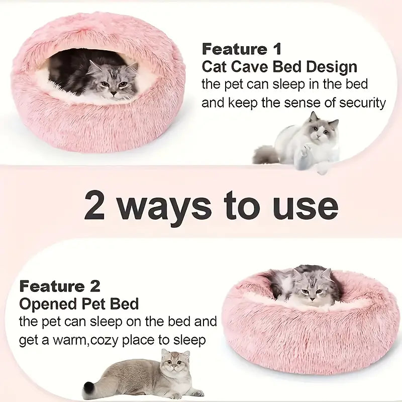 Winter Plush Round Hooded Pet Bed – Cozy Donut Bed for Cats & Dogs (S & M)