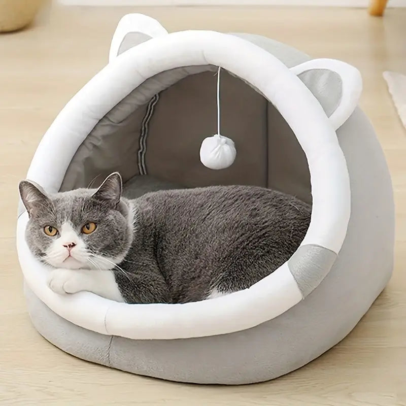 Cozy Cartoon Cat Cave Bed – Adorable Warm Pet House for Cats & Kittens (S - L)