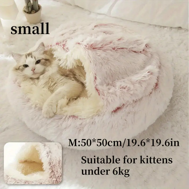 Winter Plush Round Hooded Pet Bed – Cozy Donut Bed for Cats & Dogs (S & M)