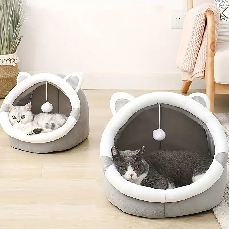 Cozy Cartoon Cat Cave Bed – Adorable Warm Pet House for Cats & Kittens (S - L)