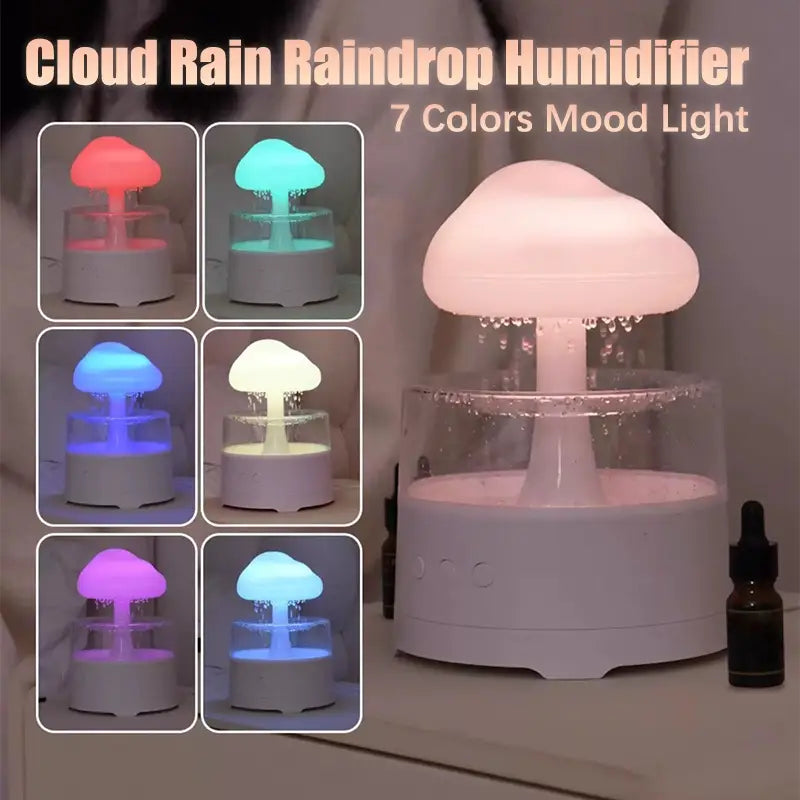 Rain Cloud Aroma Diffuser – 7-Color Mushroom-Shaped LED Humidifier & Waterfall Night Light (White)
