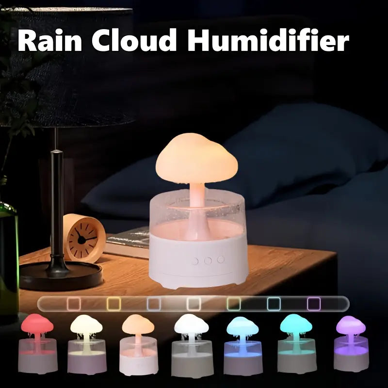 Rain Cloud Aroma Diffuser – 7-Color Mushroom-Shaped LED Humidifier & Waterfall Night Light (White)