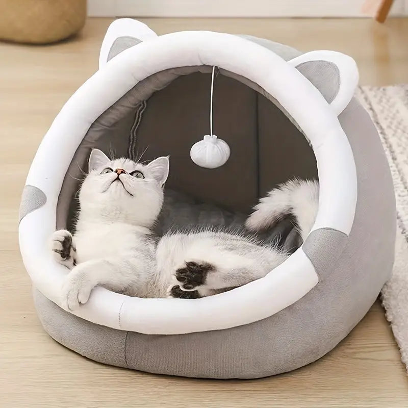 Cozy Cartoon Cat Cave Bed – Adorable Warm Pet House for Cats & Kittens (S - L)