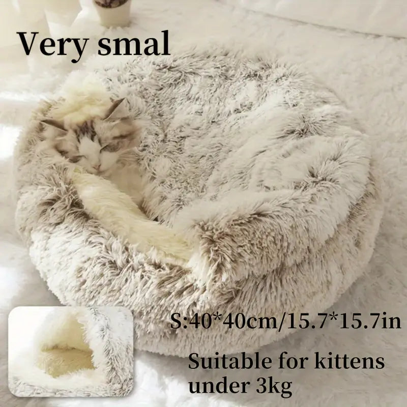 Winter Plush Round Hooded Pet Bed – Cozy Donut Bed for Cats & Dogs (S & M)