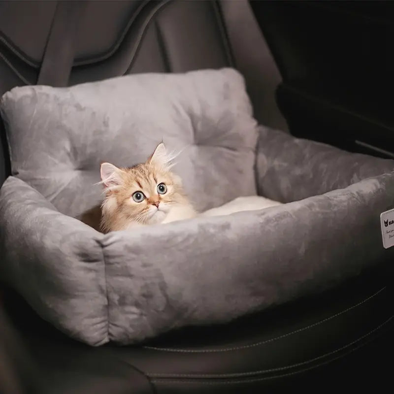 Car Seat for Cats & Small Dogs – Soft Gray Pet Carrier with Adjustable Straps & Secure Fit (S&M)