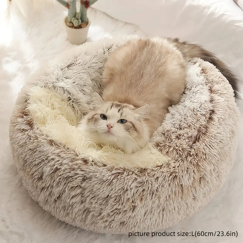 Winter Plush Round Hooded Pet Bed – Cozy Donut Bed for Cats & Dogs (S & M)