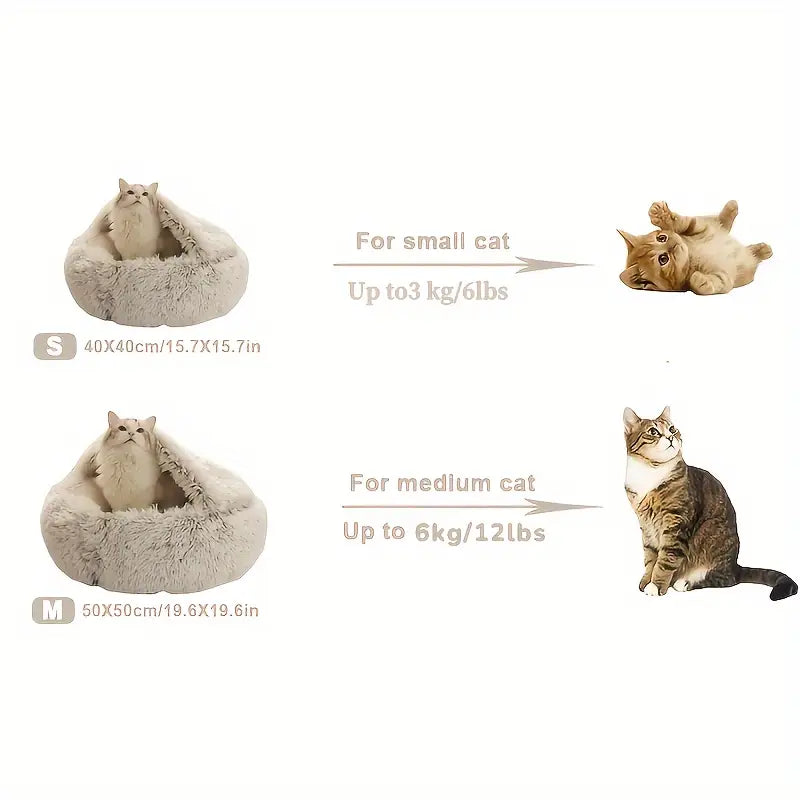 Winter Plush Round Hooded Pet Bed – Cozy Donut Bed for Cats & Dogs (S & M)