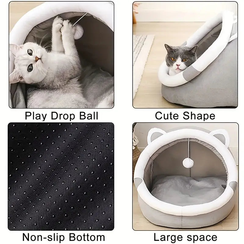 Cozy Cartoon Cat Cave Bed – Adorable Warm Pet House for Cats & Kittens (S - L)
