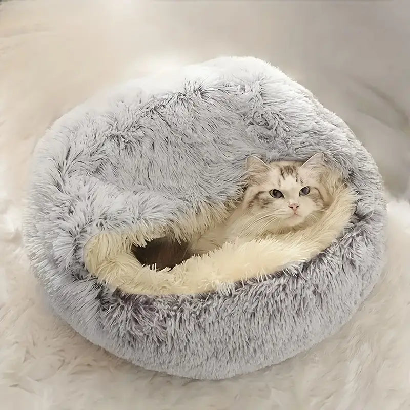 Winter Plush Round Hooded Pet Bed – Cozy Donut Bed for Cats & Dogs (S & M)