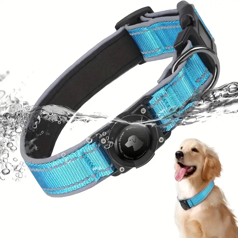 Small Dog Heavy-Duty Waterproof AirTag Dog Collar – Adjustable Nylon Strap with Reflective Strips & Padded Holder for Small dogs