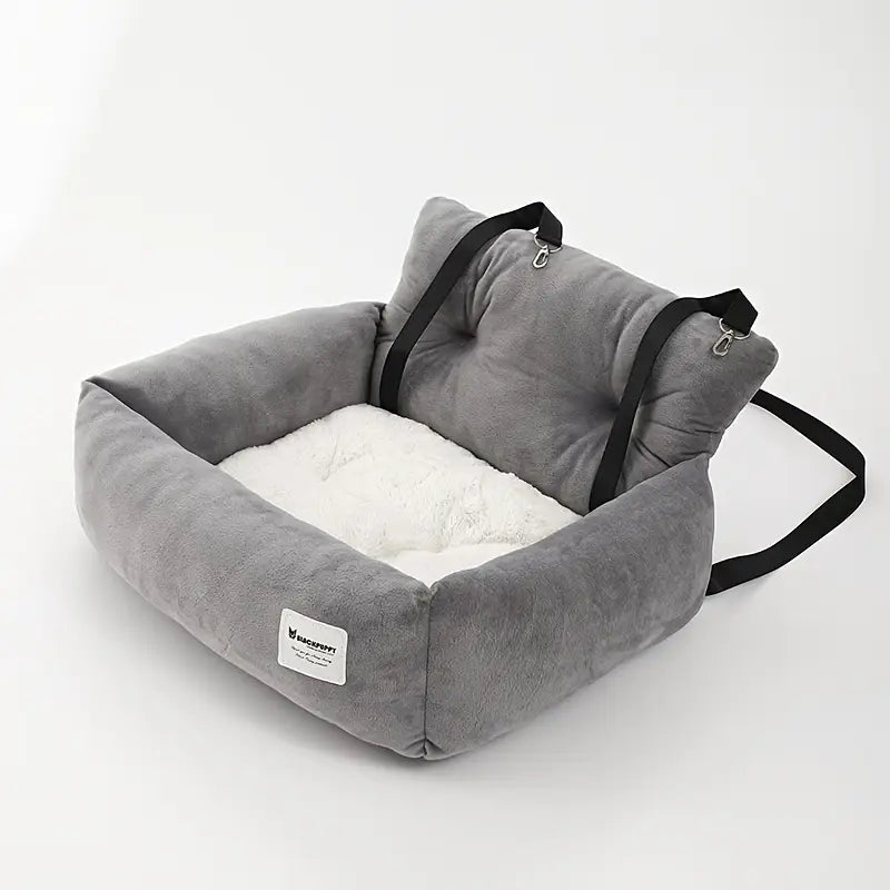 Car Seat for Cats & Small Dogs – Soft Gray Pet Carrier with Adjustable Straps & Secure Fit (S&M)