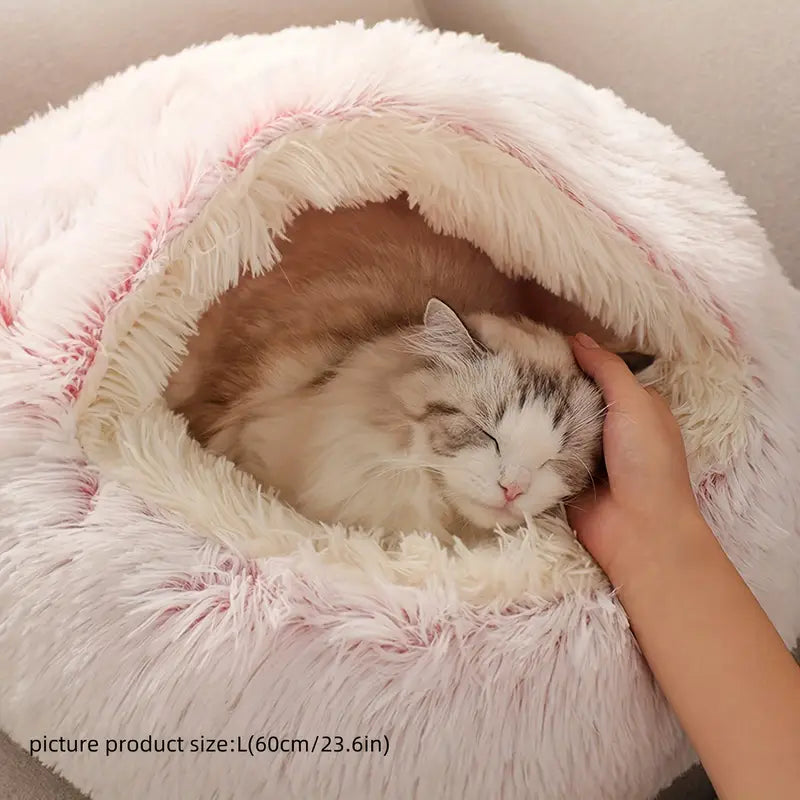 Winter Plush Round Hooded Pet Bed – Cozy Donut Bed for Cats & Dogs (S & M)