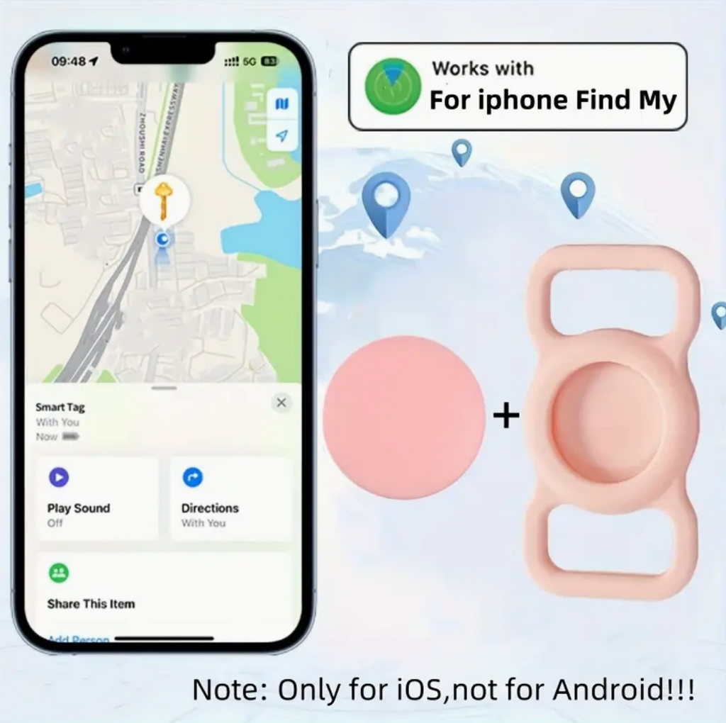 Dog/Cat Air Tracker Smart Tag with a durable silicone protective sleeve and requires no extra attachments (IOS)