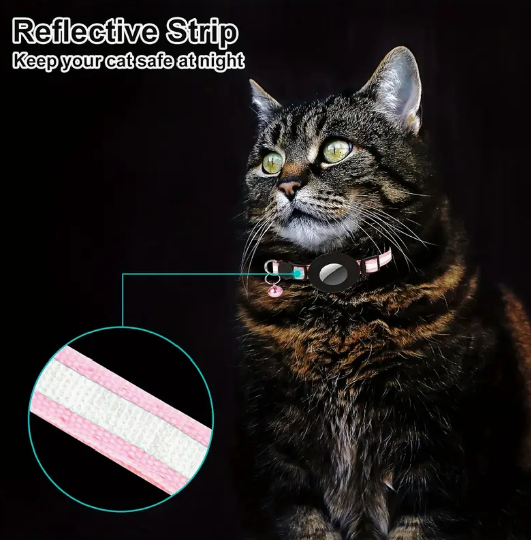 Reflective Cat Collar with AirTag Holder & Bell – Adjustable Safety GPS Collar for Kittens