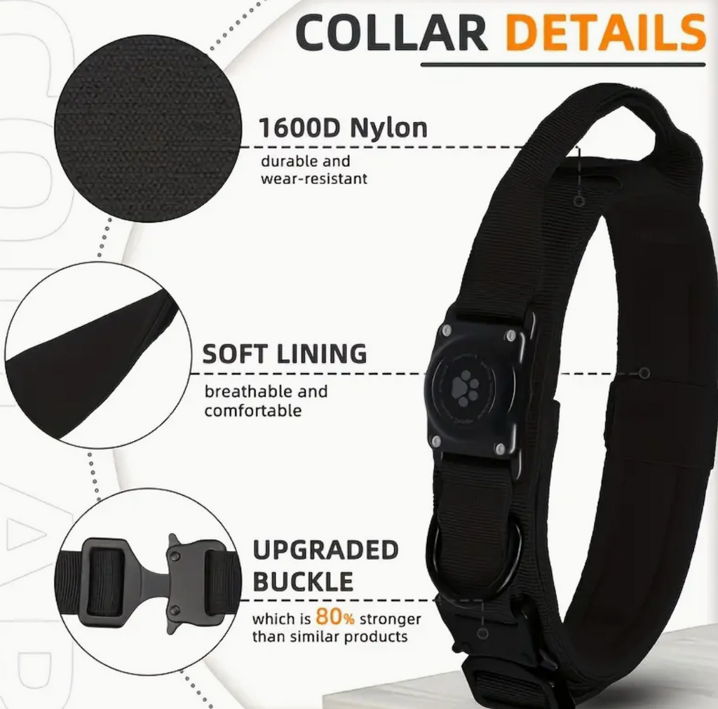 Durable Tactical Dog Collar with Integrated AirTag Holder – Heavy-Duty, Padded, Adjustable Collar for Medium to Large Dogs