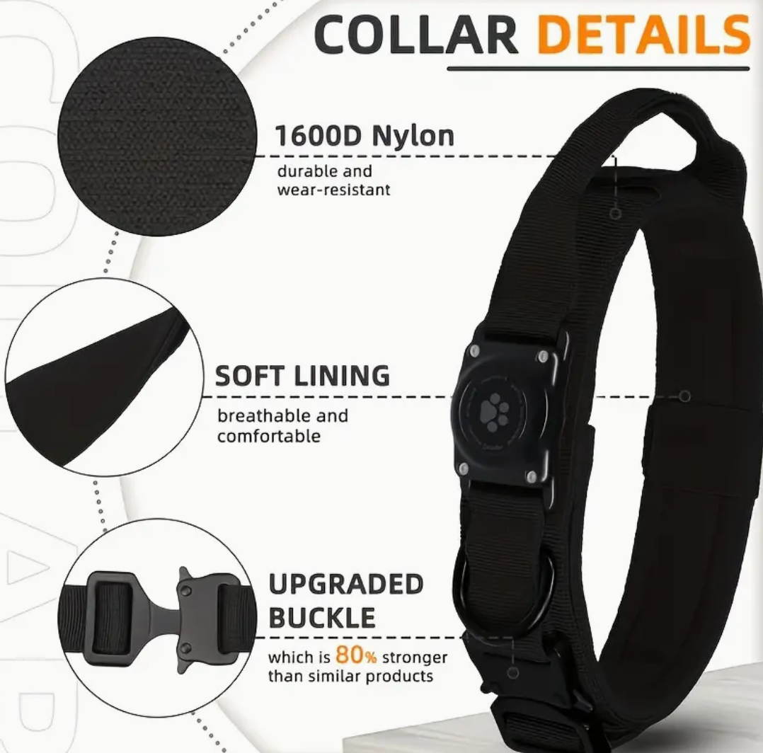 Durable Tactical Dog Collar with Integrated AirTag Holder – Heavy-Duty, Padded, Adjustable Collar for Medium to Large Dogs