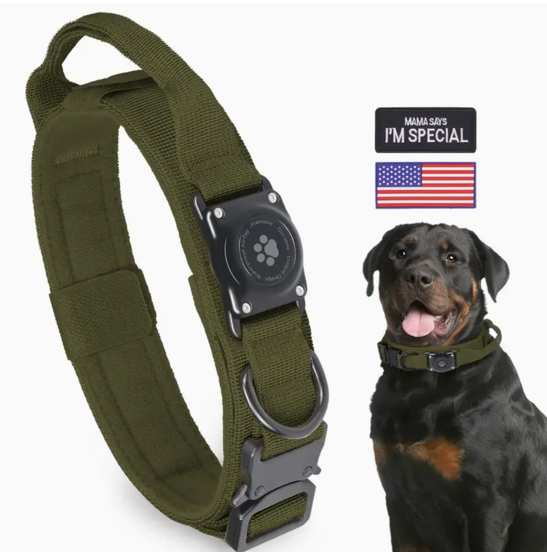 Durable Tactical Dog Collar with Integrated AirTag Holder – Heavy-Duty, Padded, Adjustable Collar for Medium to Large Dogs