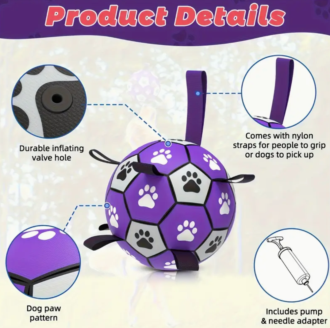S,M,L Durable Rubber Dog Soccer Ball with Straps – Interactive Chew-Resistant Toy for Indoor & Outdoor Play