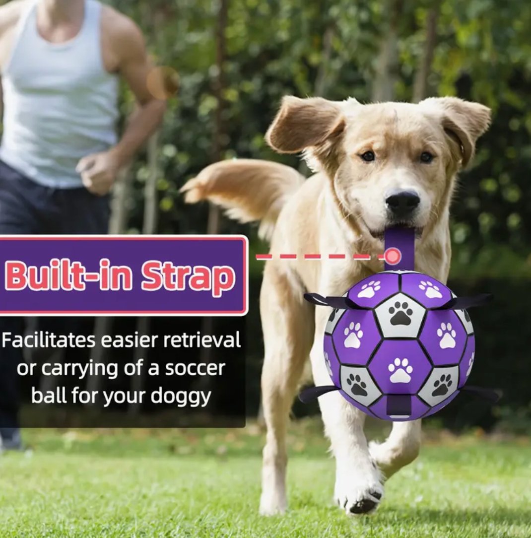 S,M,L Durable Rubber Dog Soccer Ball with Straps – Interactive Chew-Resistant Toy for Indoor & Outdoor Play