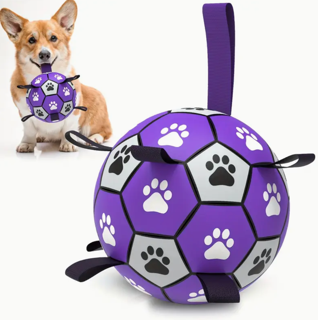 S,M,L Durable Rubber Dog Soccer Ball with Straps – Interactive Chew-Resistant Toy for Indoor & Outdoor Play