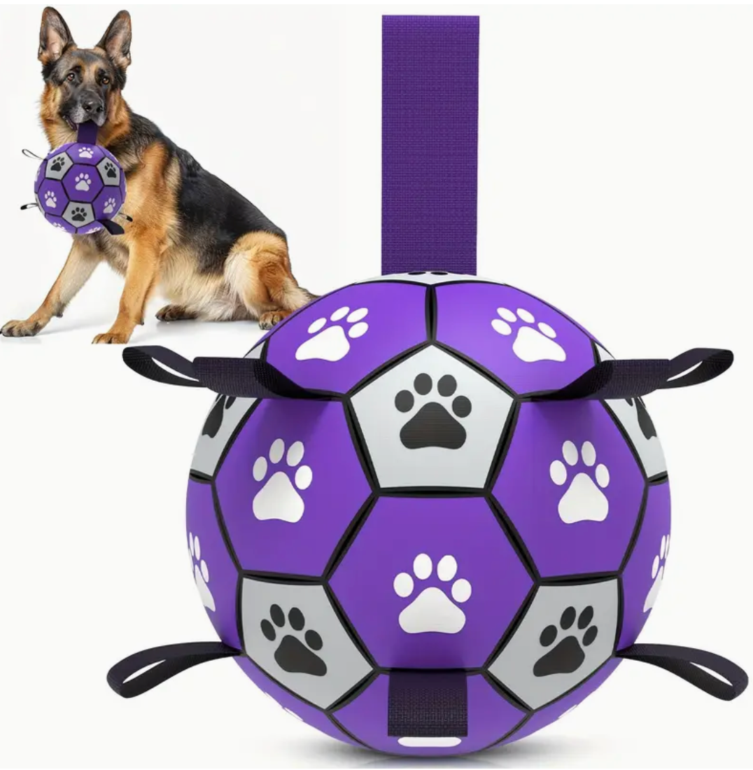 S,M,L Durable Rubber Dog Soccer Ball with Straps – Interactive Chew-Resistant Toy for Indoor & Outdoor Play