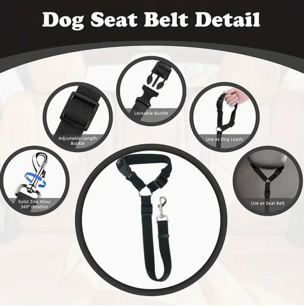 Adjustable Dog Car Seat Belt – Heavy-Duty Pet Safety Harness with Quick-Release Buckle for All Dog Sizes
