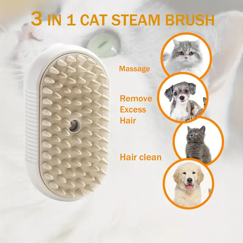 3-in-1 Pet Grooming Steam Brush for Cats & Dogs – Spray, Steam & Hair Removal with USB/Battery Power