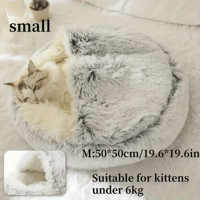 Winter Plush Round Hooded Pet Bed – Cozy Donut Bed for Cats & Dogs (S & M)