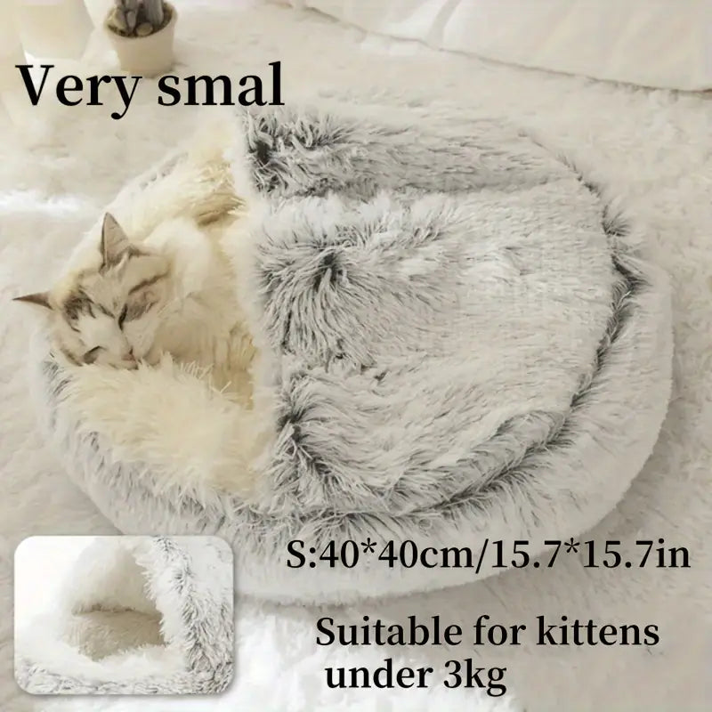 Winter Plush Round Hooded Pet Bed – Cozy Donut Bed for Cats & Dogs (S & M)