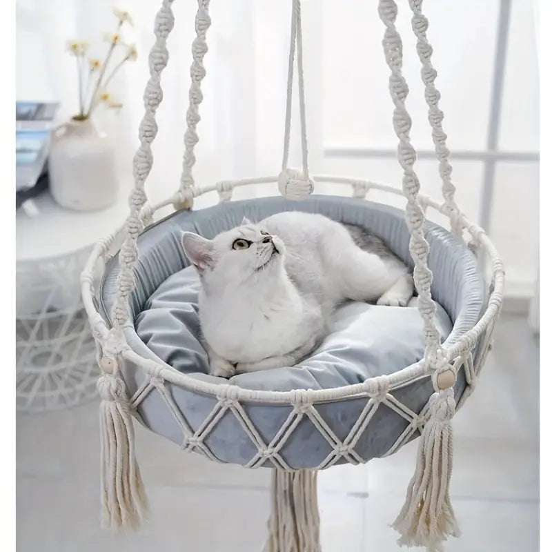 Hanging Cat Swing Bed – Woven Rope Hammock Cradle for Indoor Cats (S & M)