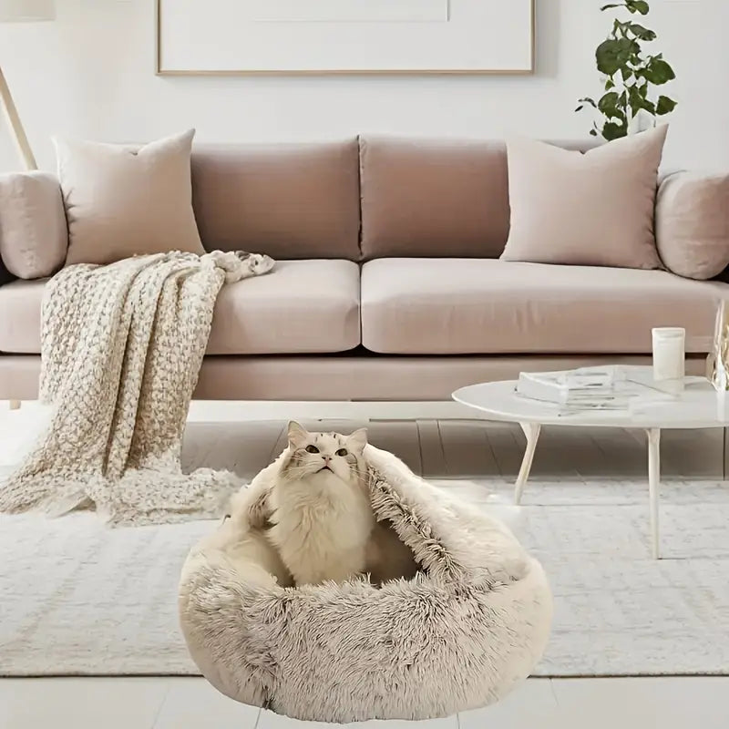 Winter Plush Round Hooded Pet Bed – Cozy Donut Bed for Cats & Dogs (S & M)