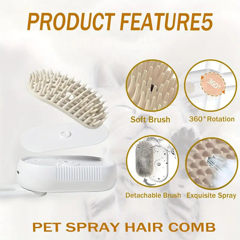 3-in-1 Pet Grooming Steam Brush for Cats & Dogs – Spray, Steam & Hair Removal with USB/Battery Power