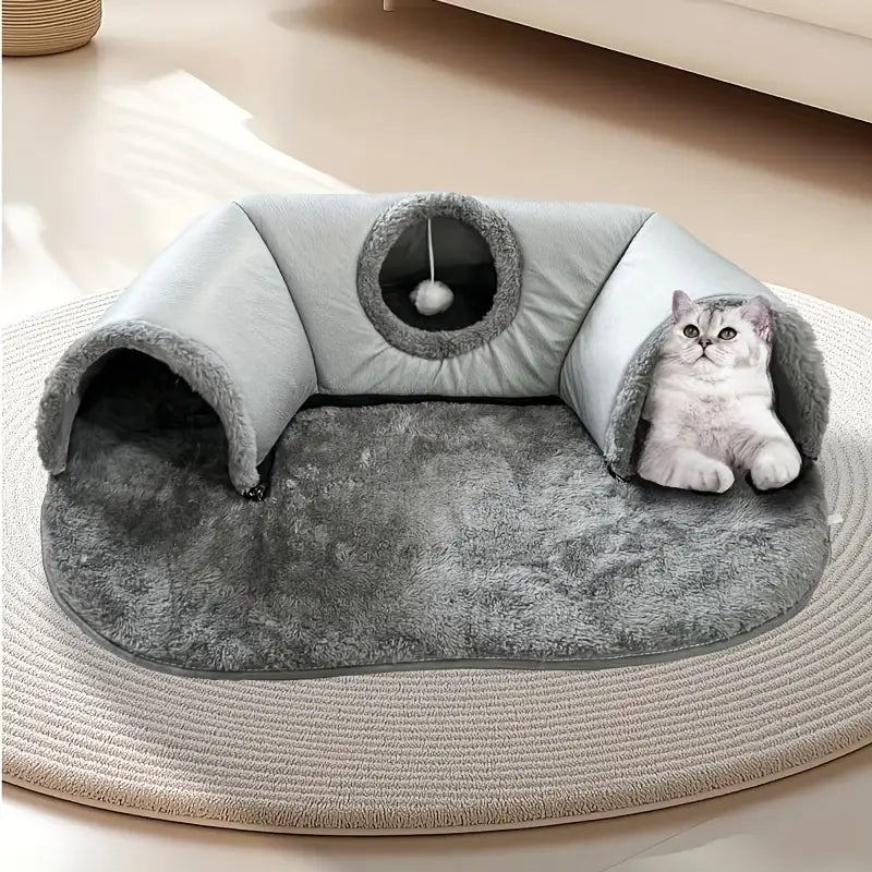 3-in-1 Cat Tunnel Bed & Playhouse – Cozy Fleece Hideout for Cats & Small Pets (S & M)