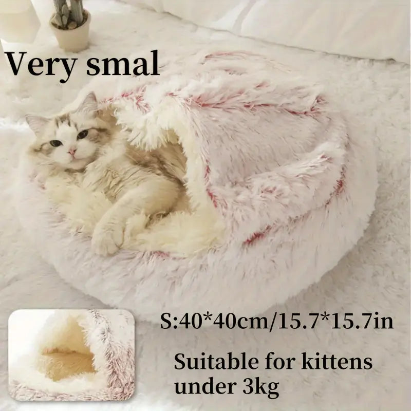 Winter Plush Round Hooded Pet Bed – Cozy Donut Bed for Cats & Dogs (S & M)
