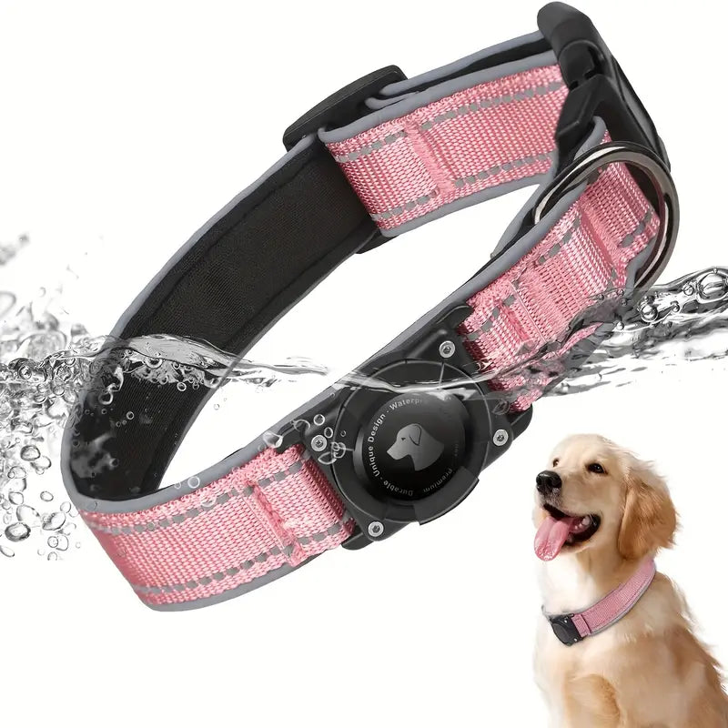 Small Dog Heavy-Duty Waterproof AirTag Dog Collar – Adjustable Nylon Strap with Reflective Strips & Padded Holder for Small dogs