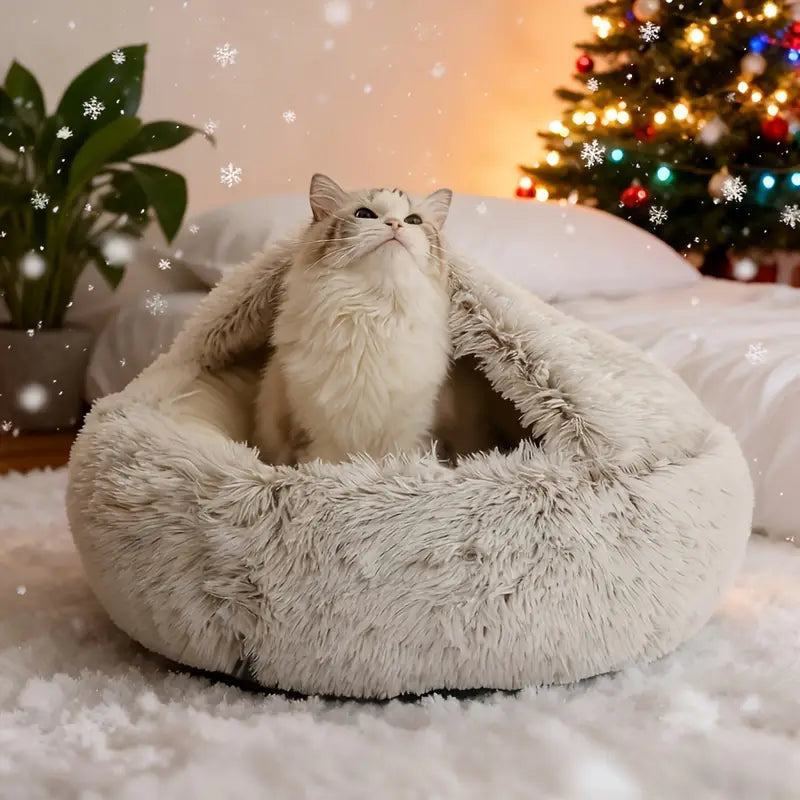 Winter Plush Round Hooded Pet Bed – Cozy Donut Bed for Cats & Dogs (S & M)