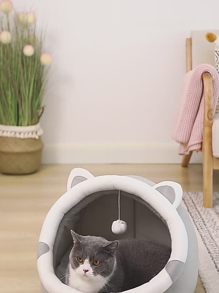 Cozy Cartoon Cat Cave Bed – Adorable Warm Pet House for Cats & Kittens (S - L)